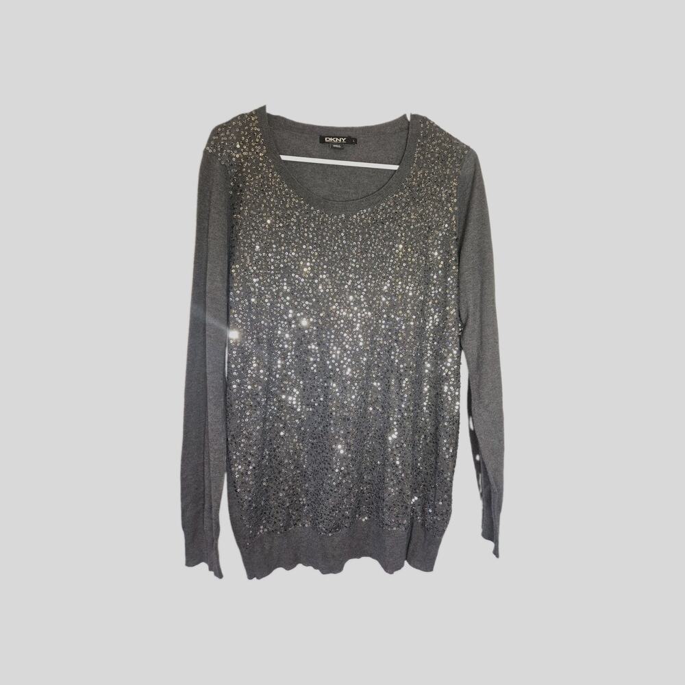DKNY US Womens Size Large Sequins Sweater Top Pullover Gray Stretchy Soft